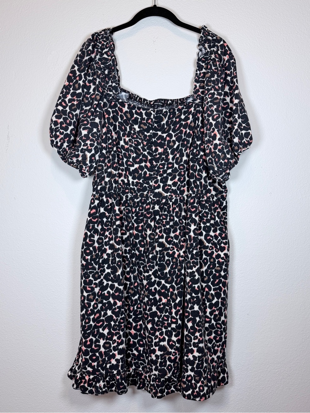 Who What Wear Black & Pink Leopard-Print Puff-Sleeve Dress w/ Pockets 1X